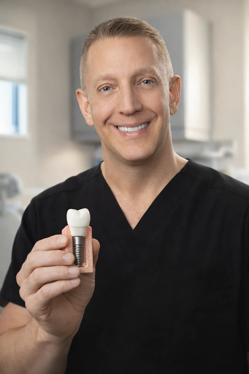 Dr. Douglas Graybill holding a dental implant model