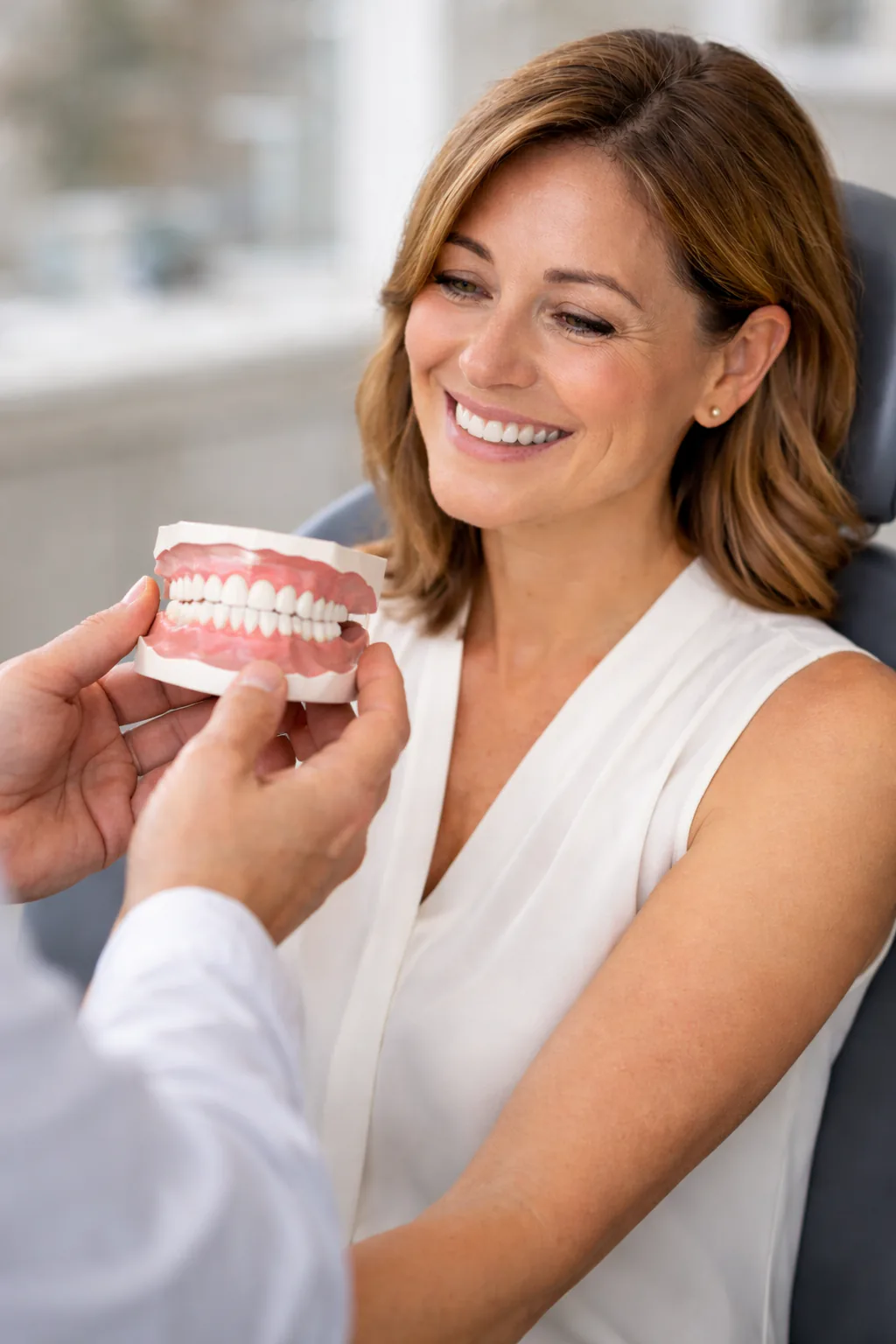 Smile makeover patient reviewing a dental model during a cosmetic dentistry consultation in Largo, FL