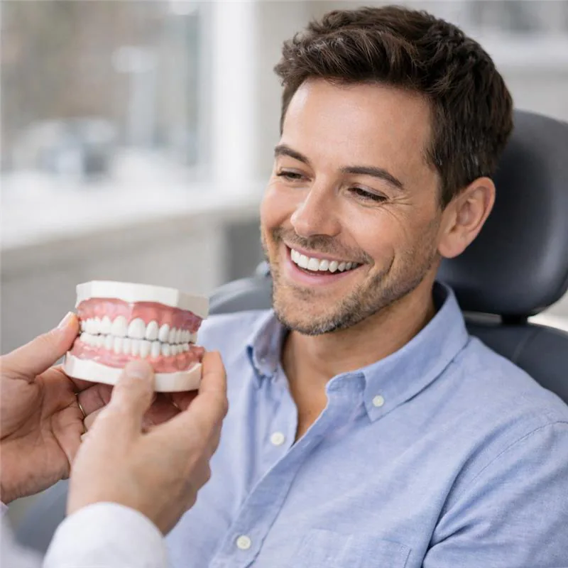 Smile makeover patient reviewing a dental model during a cosmetic dentistry consultation in Largo, FL